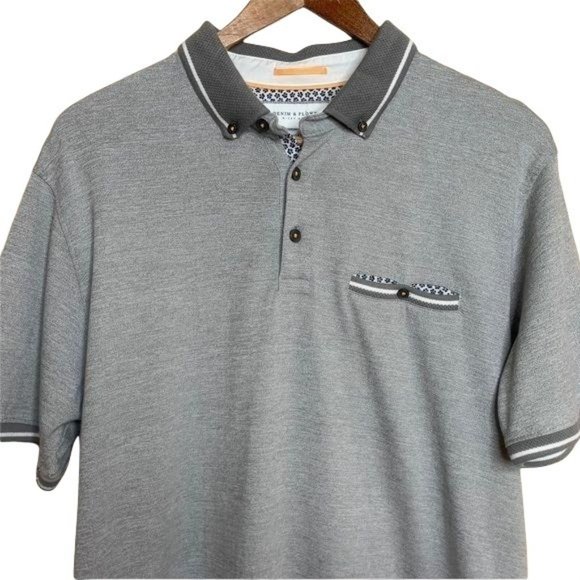 Denim & Flower Polo Shirt Light Heather Gray Contrast Breast Pocket Fitted LG - Picture 2 of 8